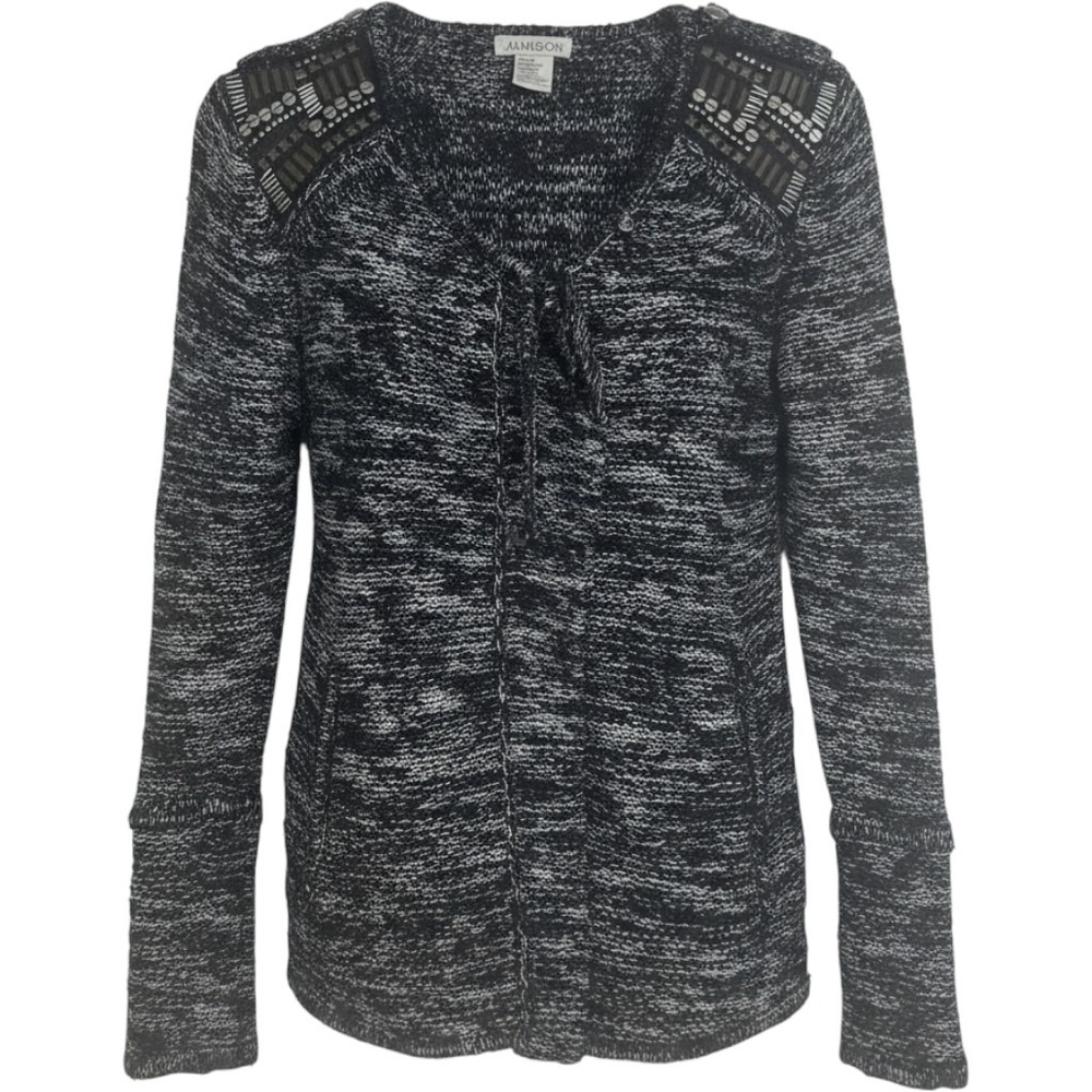 Jamison Womens Black White Marled Knit Beaded Shoulder Asymmetric Zip Cardigan M